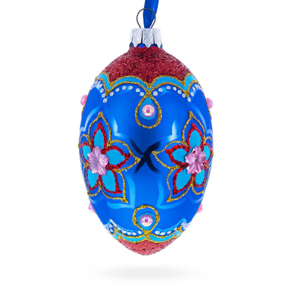 Blue Petals Flower Glass Egg Ornament 4 Inches