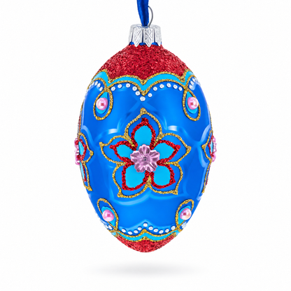 Blue Petals Flower Glass Egg Ornament 4 Inches