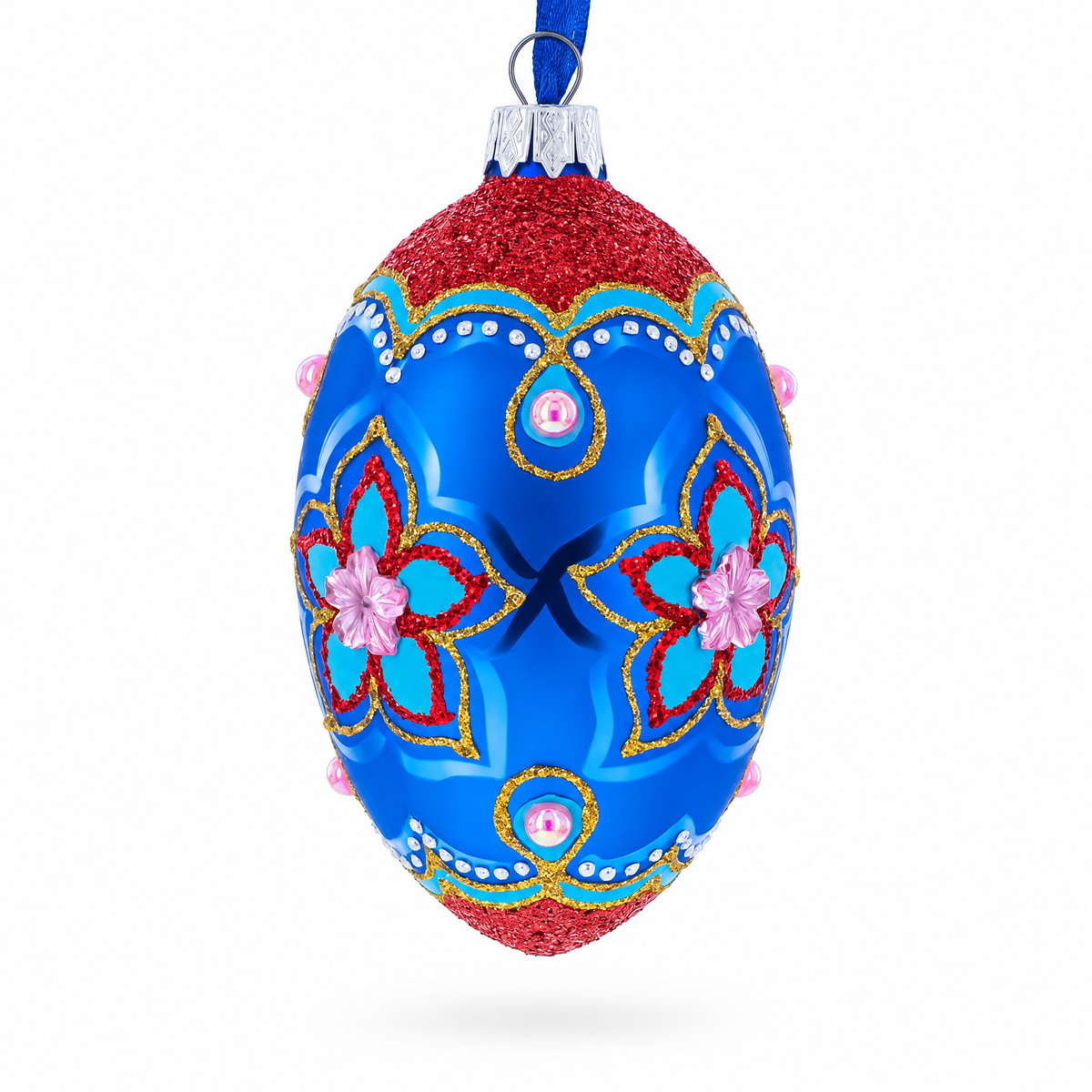 Blue Petals Flower Glass Egg Ornament 4 Inches