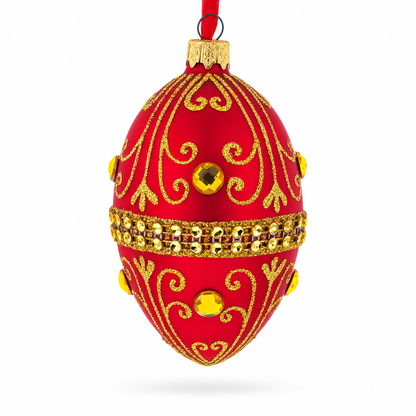 Jeweled Red Glass Egg Ornament 4 Inches