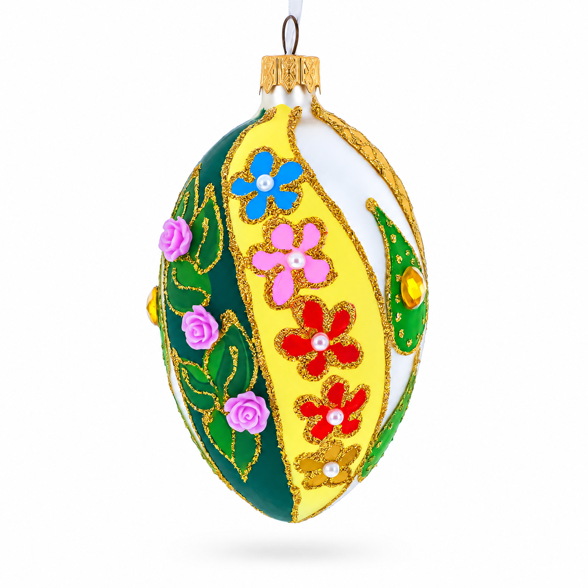 Roses On Spiral Leaves Glass Egg Ornament 4 Inches
