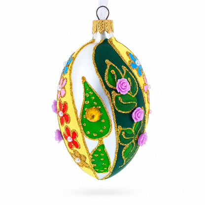 Roses On Spiral Leaves Glass Egg Ornament 4 Inches