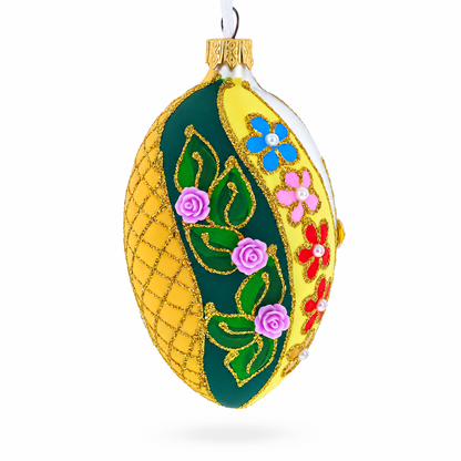 Roses On Spiral Leaves Glass Egg Ornament 4 Inches