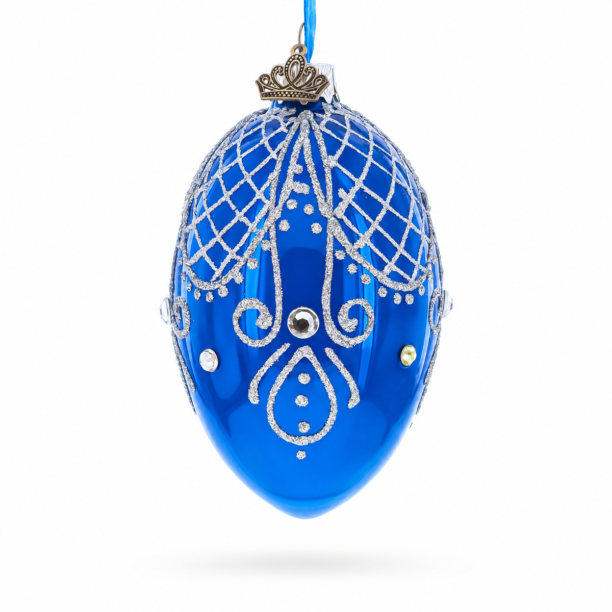 Jeweled Blue Glossy Royal Inspired Glass Egg Ornament 4 Inches