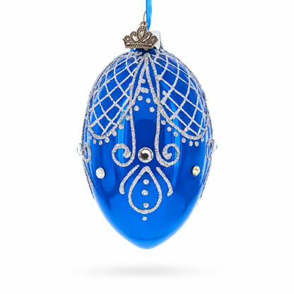 Jeweled Blue Glossy Royal Inspired Glass Egg Ornament 4 Inches