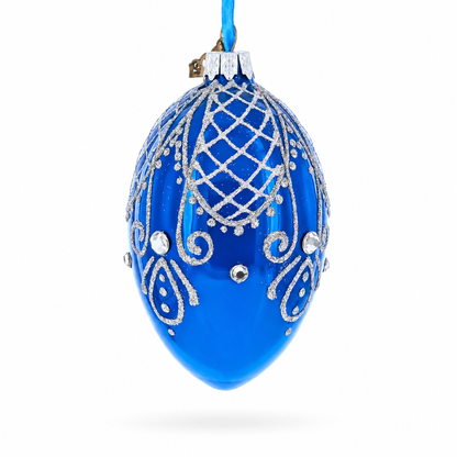 Jeweled Blue Glossy Royal Inspired Glass Egg Ornament 4 Inches