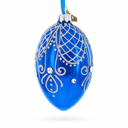 Jeweled Blue Glossy Royal Inspired Glass Egg Ornament 4 Inches