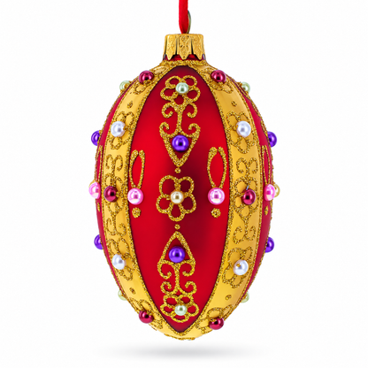 Jeweled Red Royal Inspired Glass Egg Ornament 4 Inches