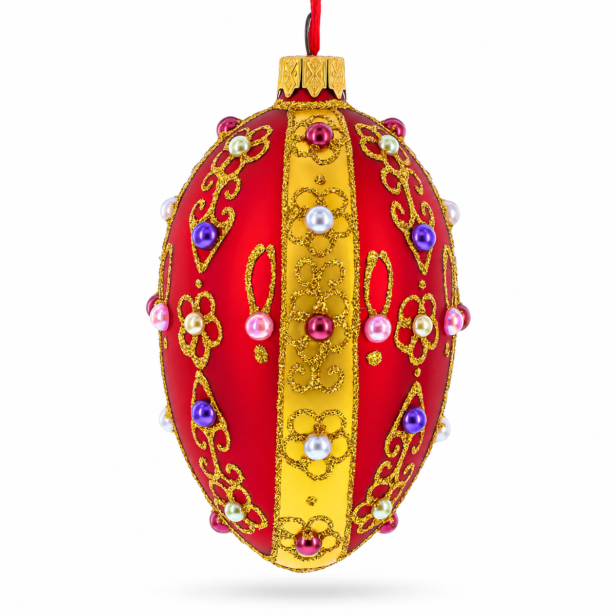 Jeweled Red Royal Inspired Glass Egg Ornament 4 Inches