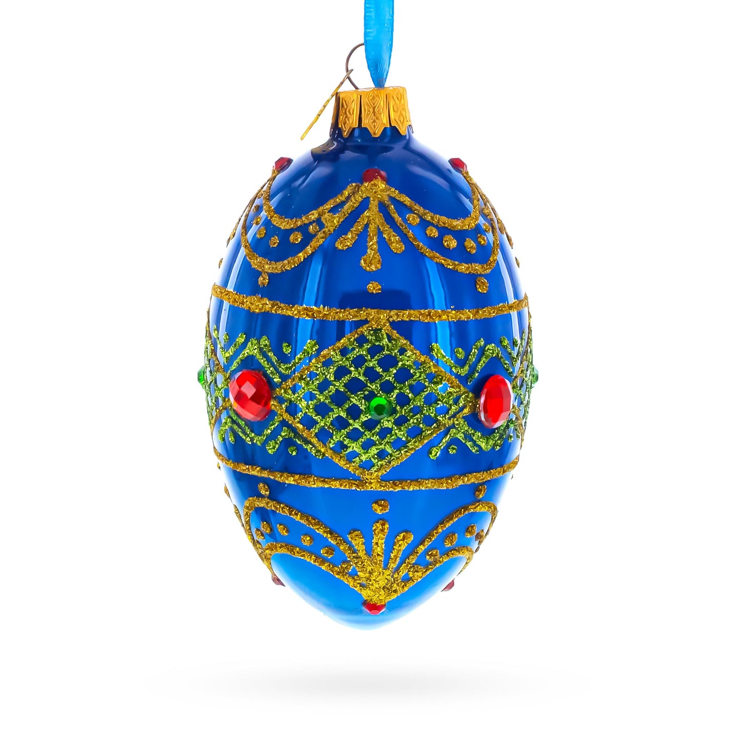 Jeweled Red on Blue Glass Egg Ornament 4 Inches