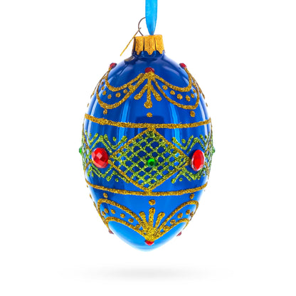Jeweled Red on Blue Glass Egg Ornament 4 Inches