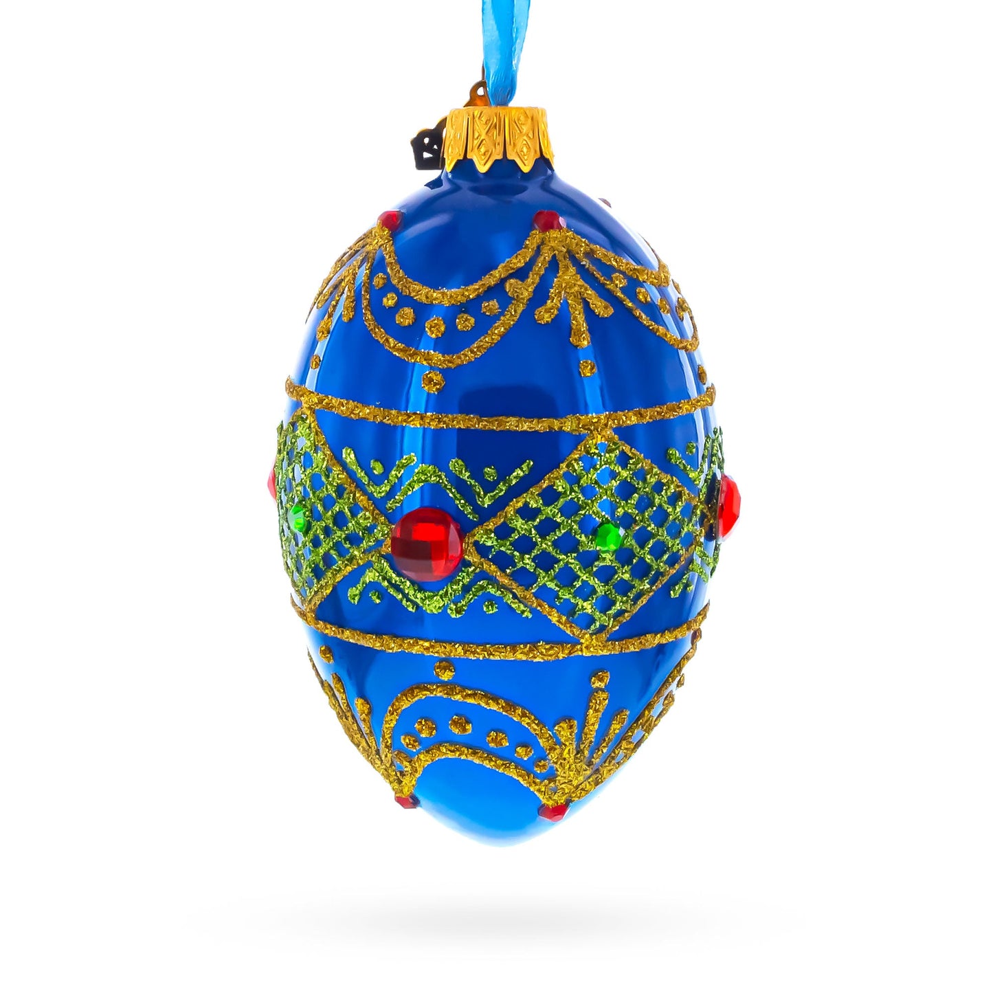 Jeweled Red on Blue Glass Egg Ornament 4 Inches