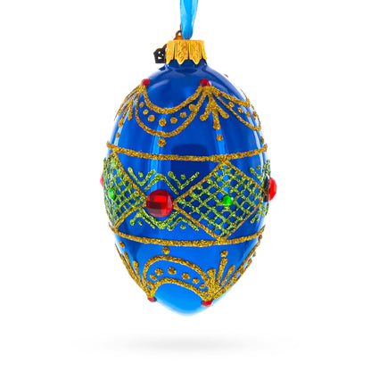Jeweled Red on Blue Glass Egg Ornament 4 Inches