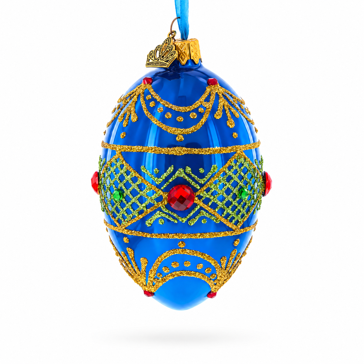 Jeweled Red on Blue Glass Egg Ornament 4 Inches