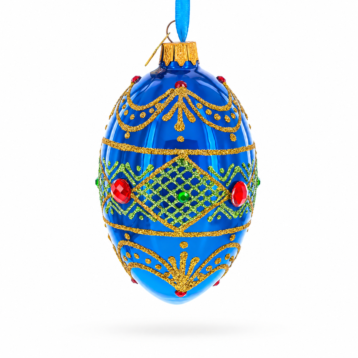 Jeweled Red on Blue Glass Egg Ornament 4 Inches