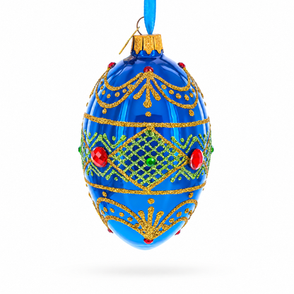 Jeweled Red on Blue Glass Egg Ornament 4 Inches