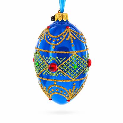 Jeweled Red on Blue Glass Egg Ornament 4 Inches