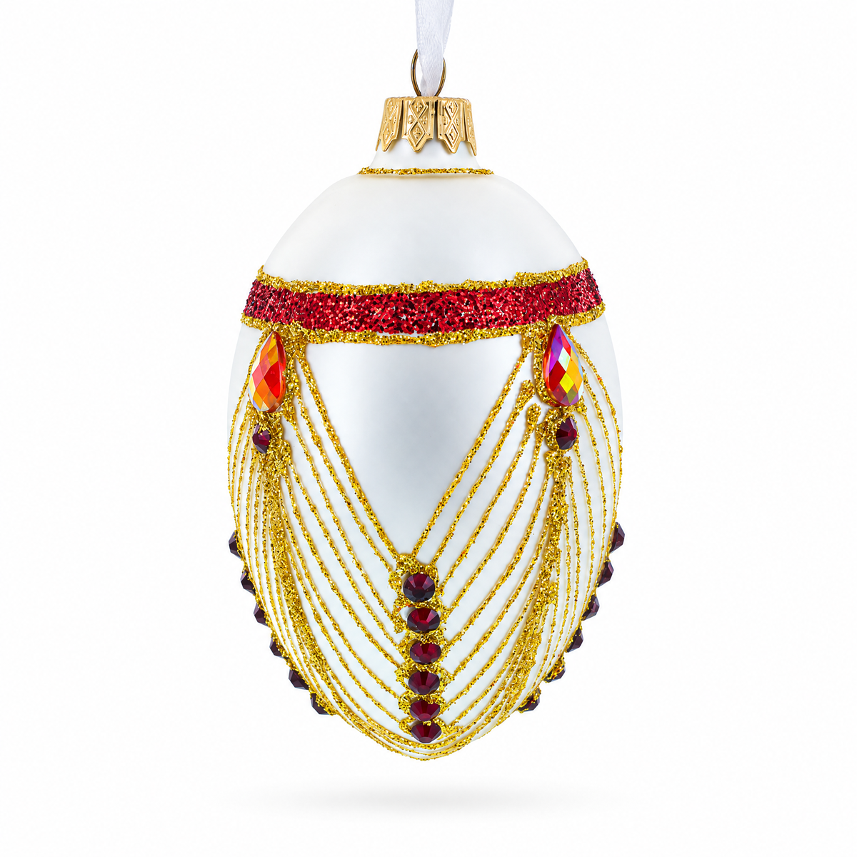 Red Jewels Eccentrics on White Glass Egg Ornament 4 Inches