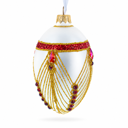 Red Jewels Eccentrics on White Glass Egg Ornament 4 Inches