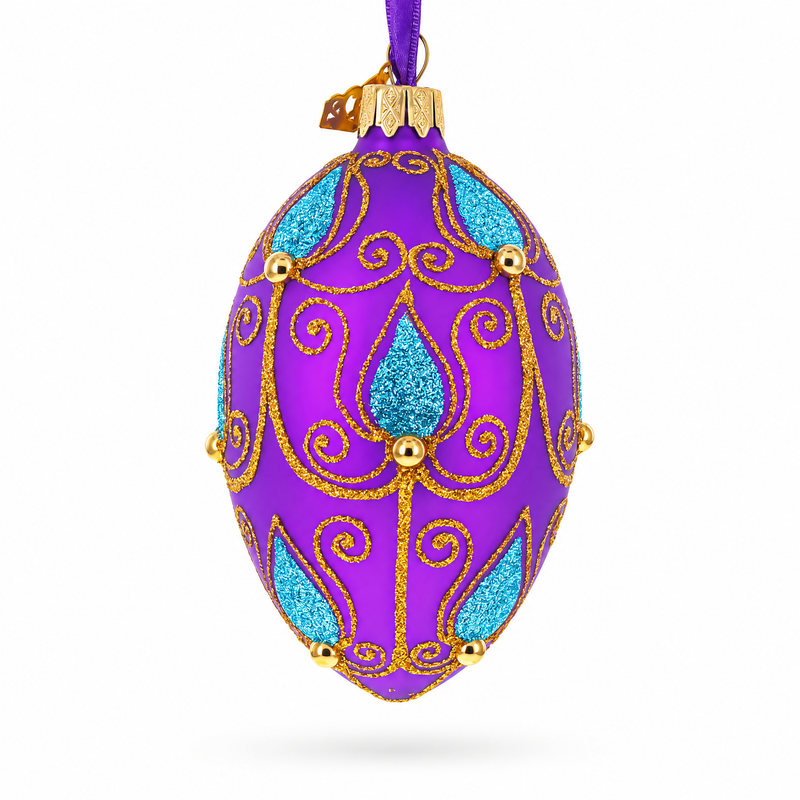 Blue Leaf on Purple Glass Egg Ornament 4 Inches