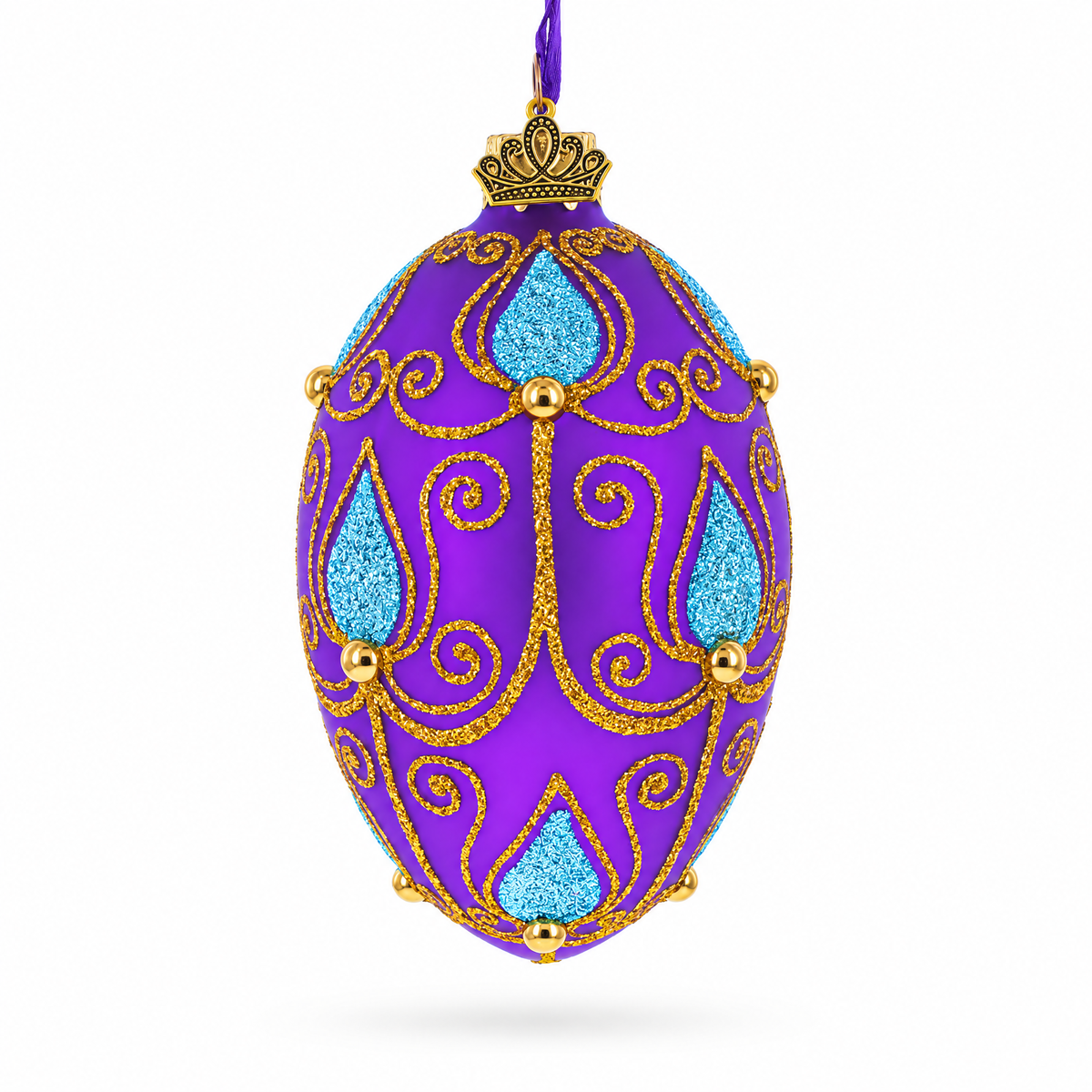 Blue Leaf on Purple Glass Egg Ornament 4 Inches