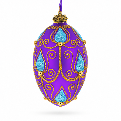 Blue Leaf on Purple Glass Egg Ornament 4 Inches