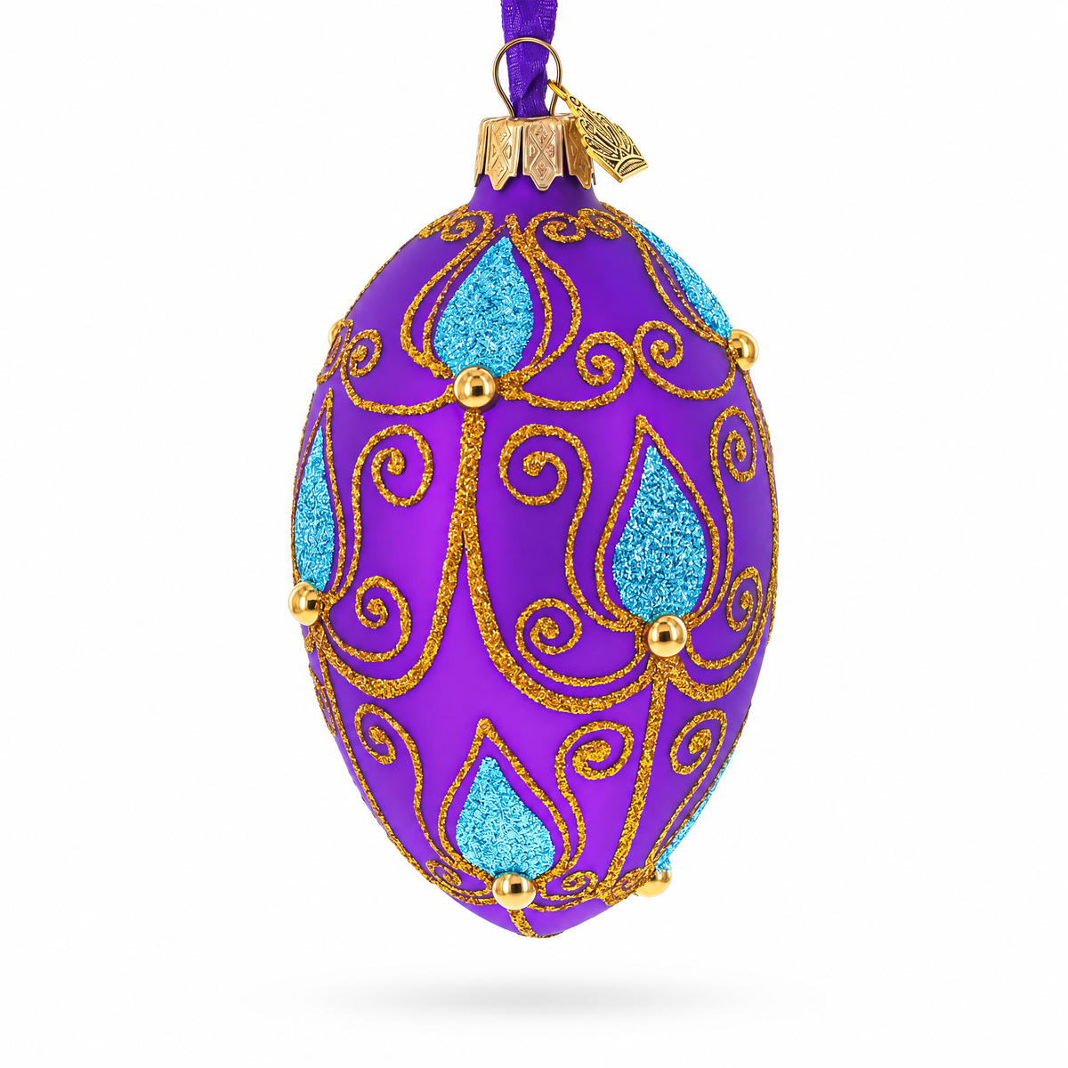 Blue Leaf on Purple Glass Egg Ornament 4 Inches