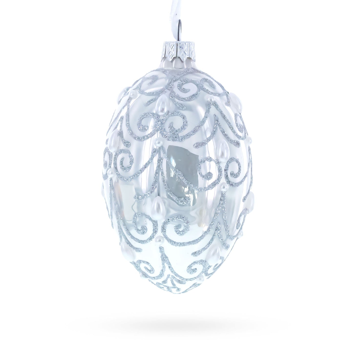 Jeweled Beads on Glossy White Glass Egg Ornament 4 Inches
