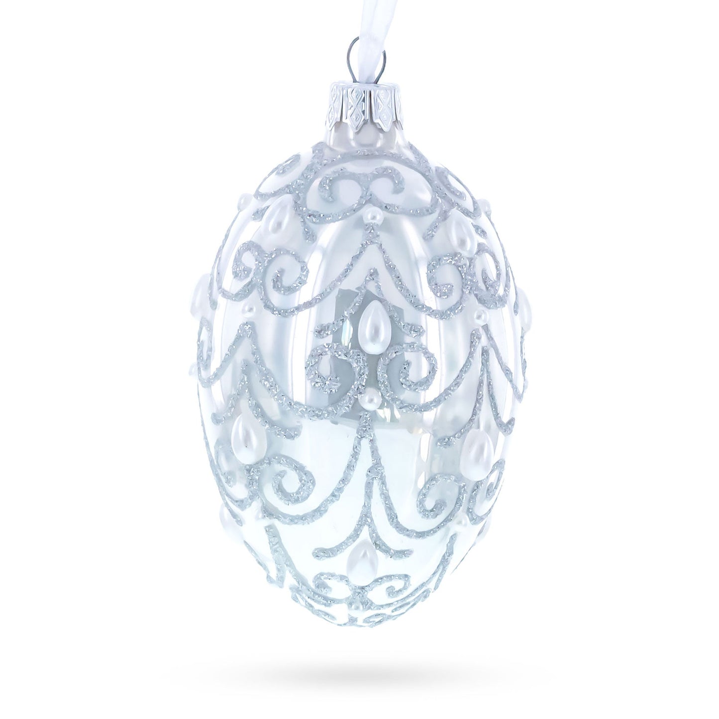 Jeweled Beads on Glossy White Glass Egg Ornament 4 Inches