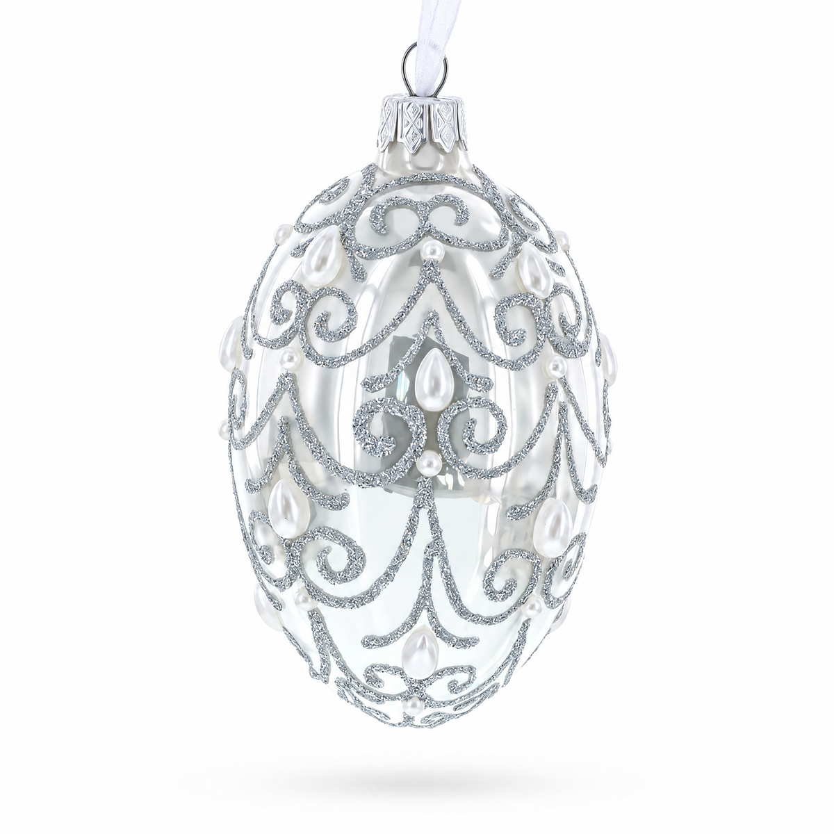 Jeweled Beads on Glossy White Glass Egg Ornament 4 Inches