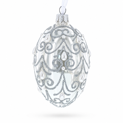 Jeweled Beads on Glossy White Glass Egg Ornament 4 Inches