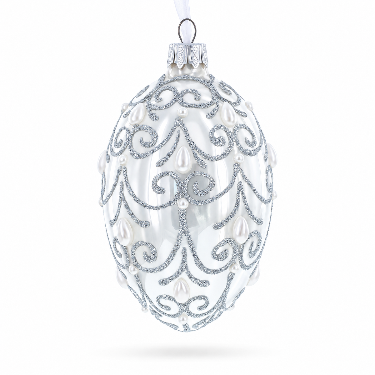 Jeweled Beads on Glossy White Glass Egg Ornament 4 Inches