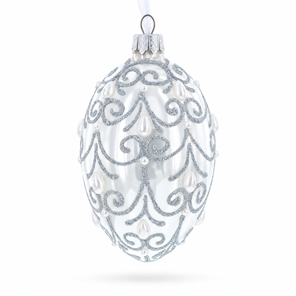 Jeweled Beads on Glossy White Glass Egg Ornament 4 Inches