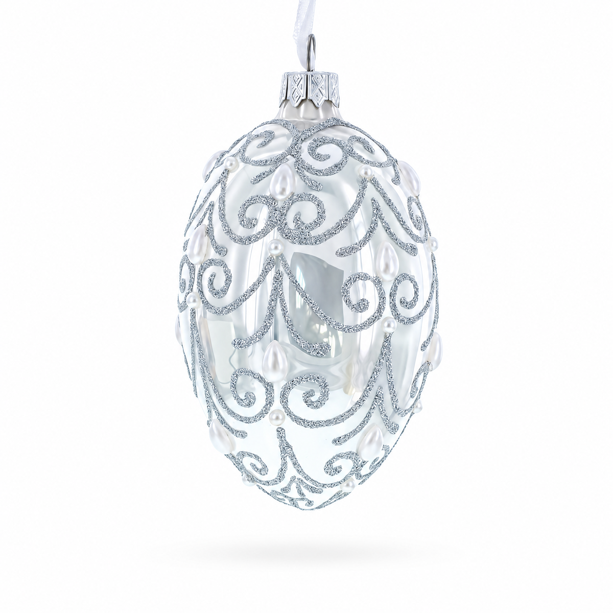 Jeweled Beads on Glossy White Glass Egg Ornament 4 Inches