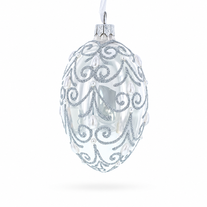 Jeweled Beads on Glossy White Glass Egg Ornament 4 Inches
