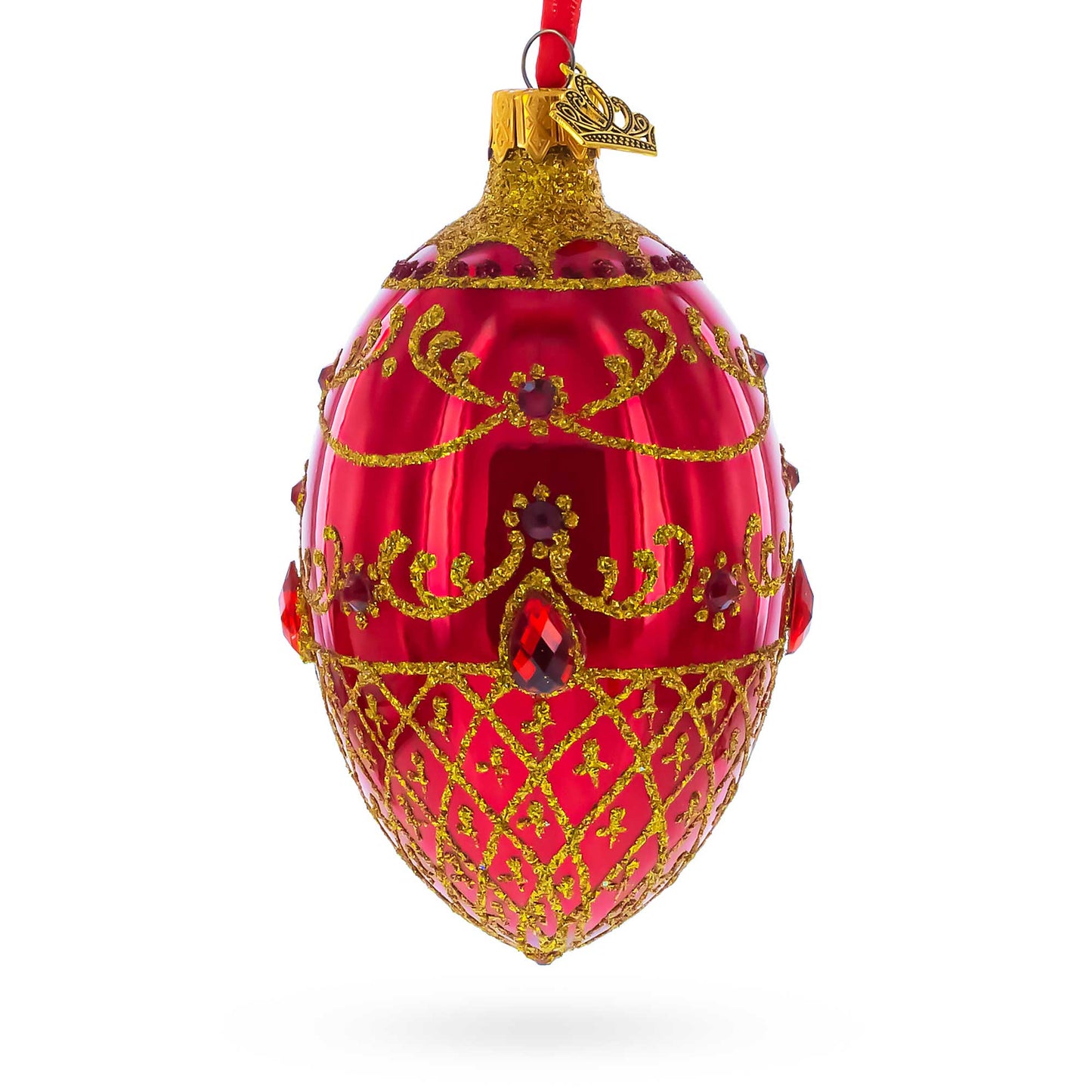 Red Jewels on Glossy Red Glass Egg Ornament 4 Inches