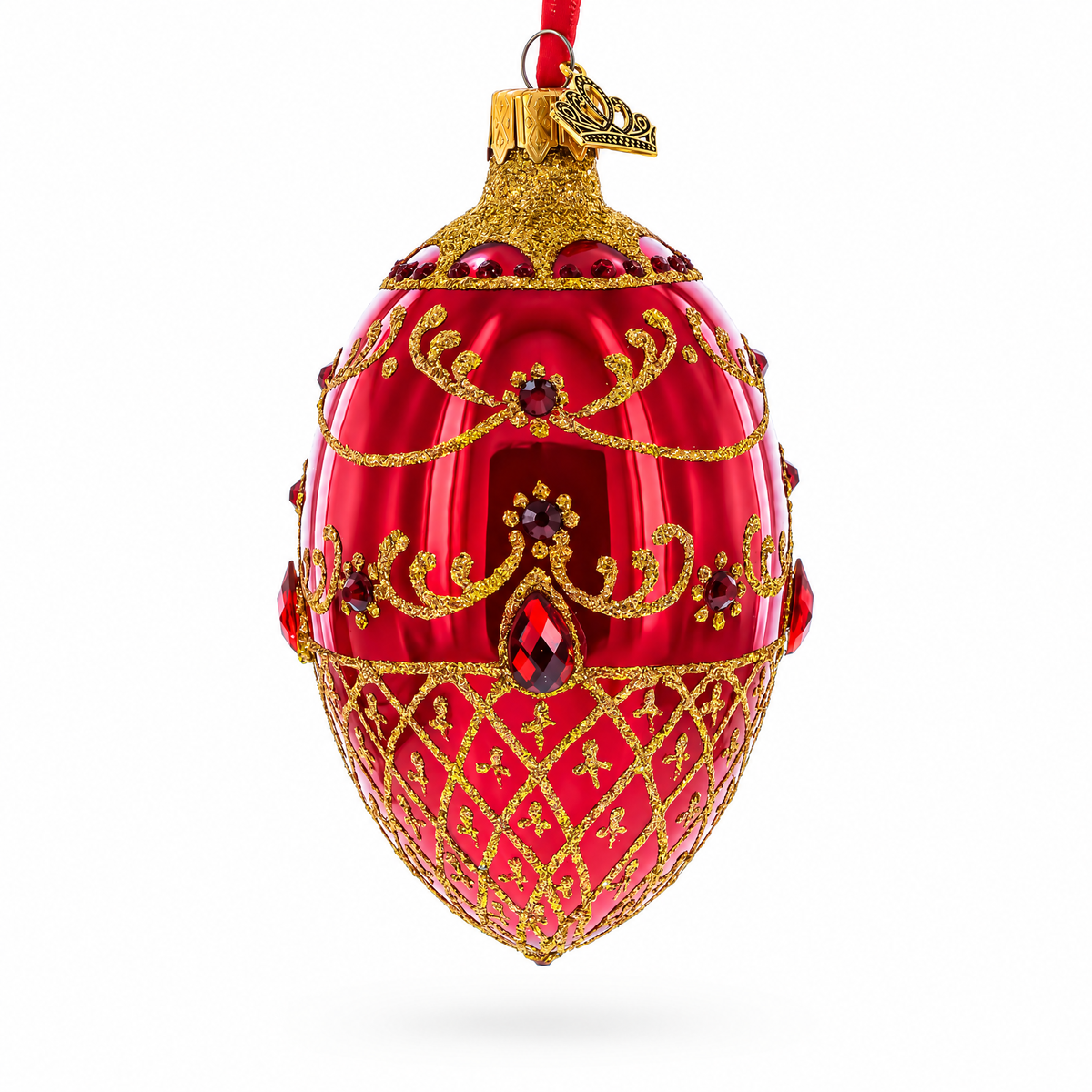 Red Jewels on Glossy Red Glass Egg Ornament 4 Inches