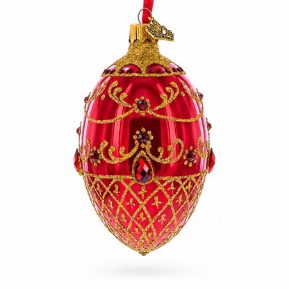 Red Jewels on Glossy Red Glass Egg Ornament 4 Inches