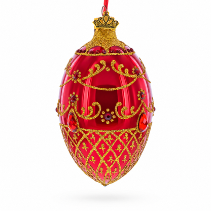 Red Jewels on Glossy Red Glass Egg Ornament 4 Inches