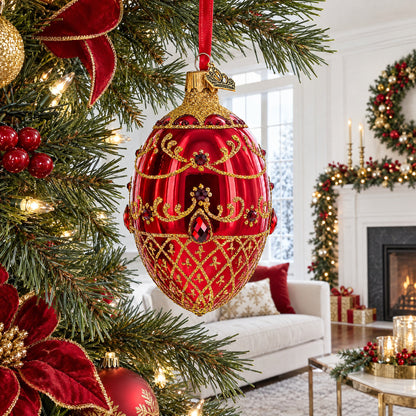 Red Jewels on Glossy Red Glass Egg Ornament 4 Inches