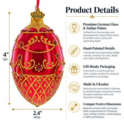 Red Jewels on Glossy Red Glass Egg Ornament 4 Inches