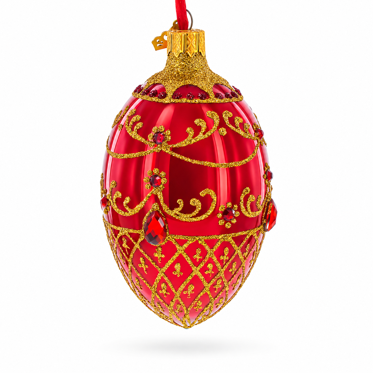 Red Jewels on Glossy Red Glass Egg Ornament 4 Inches