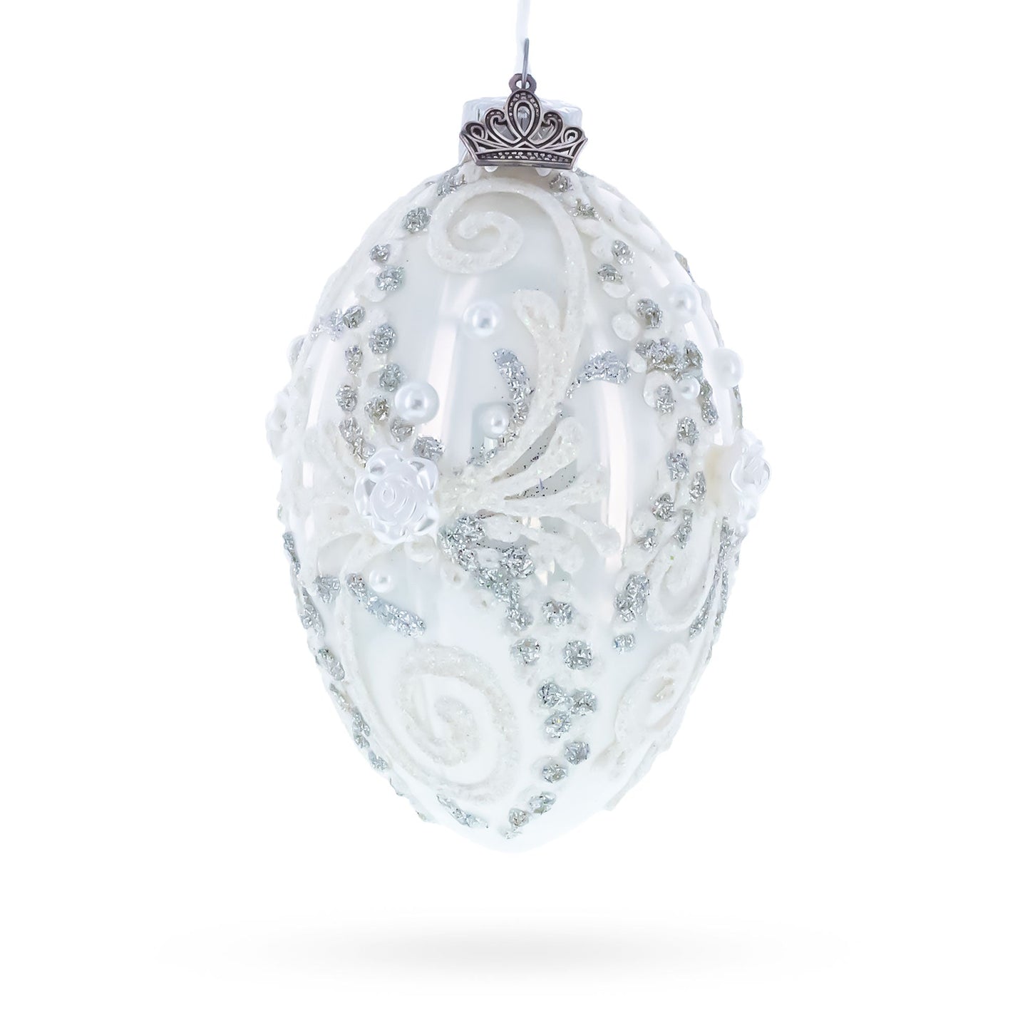 Silver Glitter Scrolls, Pearls & Rose Accents Winter Elegance Glass Egg Ornament 4 Inches