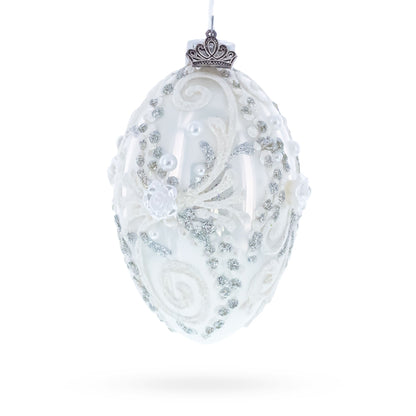 Silver Glitter Scrolls, Pearls & Rose Accents Winter Elegance Glass Egg Ornament 4 Inches