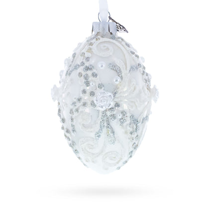 Silver Glitter Scrolls, Pearls & Rose Accents Winter Elegance Glass Egg Ornament 4 Inches