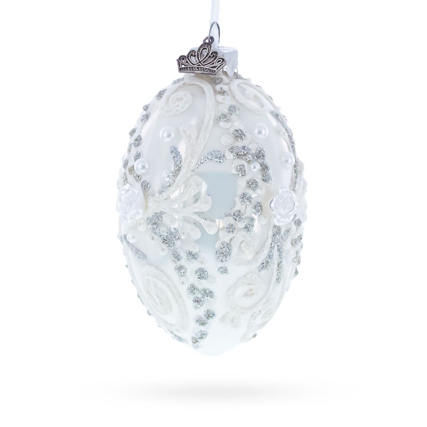 Silver Glitter Scrolls, Pearls & Rose Accents Winter Elegance Glass Egg Ornament 4 Inches