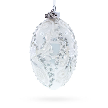 Silver Glitter Scrolls, Pearls & Rose Accents Winter Elegance Glass Egg Ornament 4 Inches