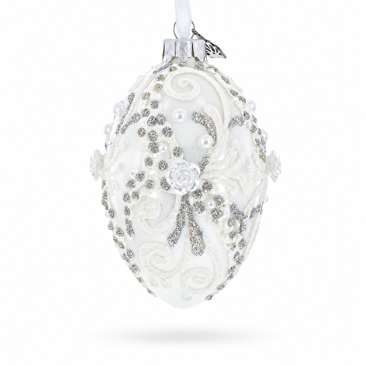Silver Glitter Scrolls, Pearls & Rose Accents Winter Elegance Glass Egg Ornament 4 Inches