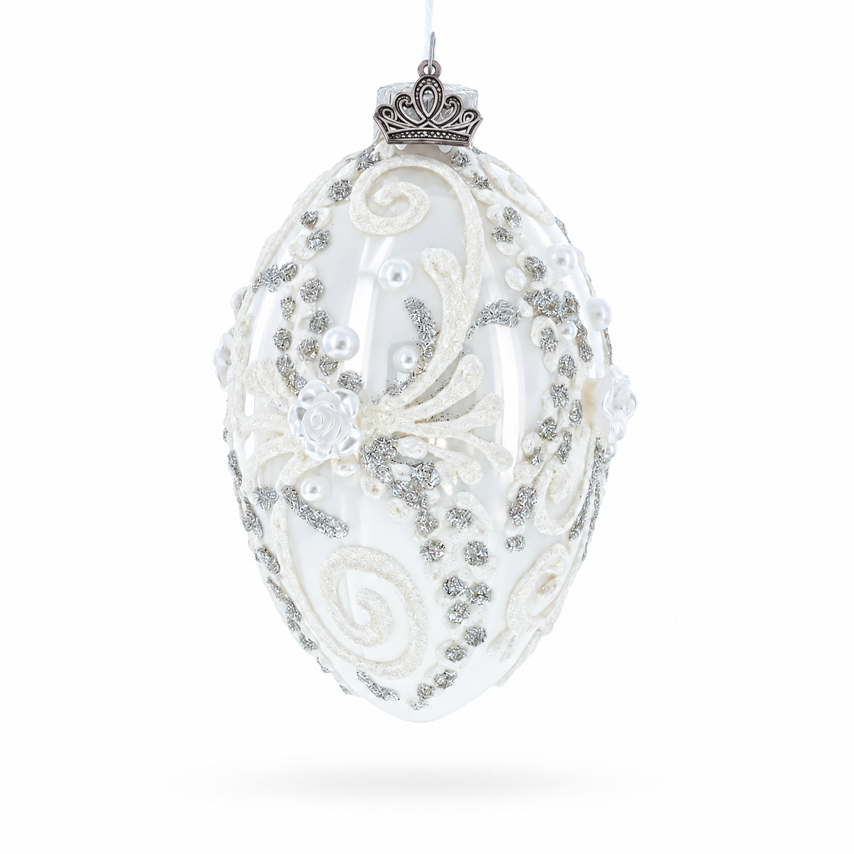 Silver Glitter Scrolls, Pearls & Rose Accents Winter Elegance Glass Egg Ornament 4 Inches