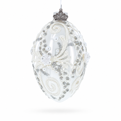 Silver Glitter Scrolls, Pearls & Rose Accents Winter Elegance Glass Egg Ornament 4 Inches